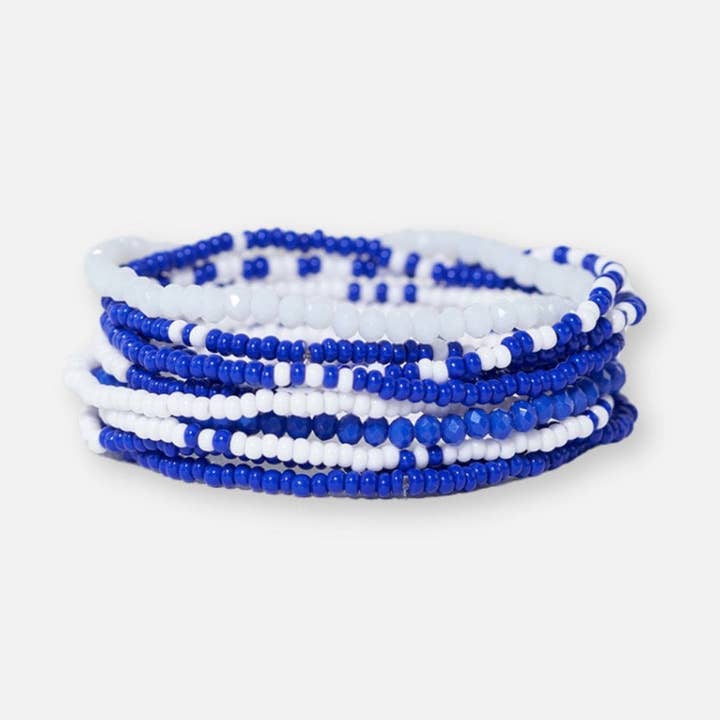 Game Day Color Block Beaded 10 Strand Stretch Bracelets Blue and White Wholesale for wholesale by INK + ALLOY