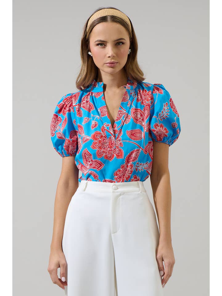 BLUE RED MULTI Ripon Floral Close to You Split Neck Top for wholesale on Faire