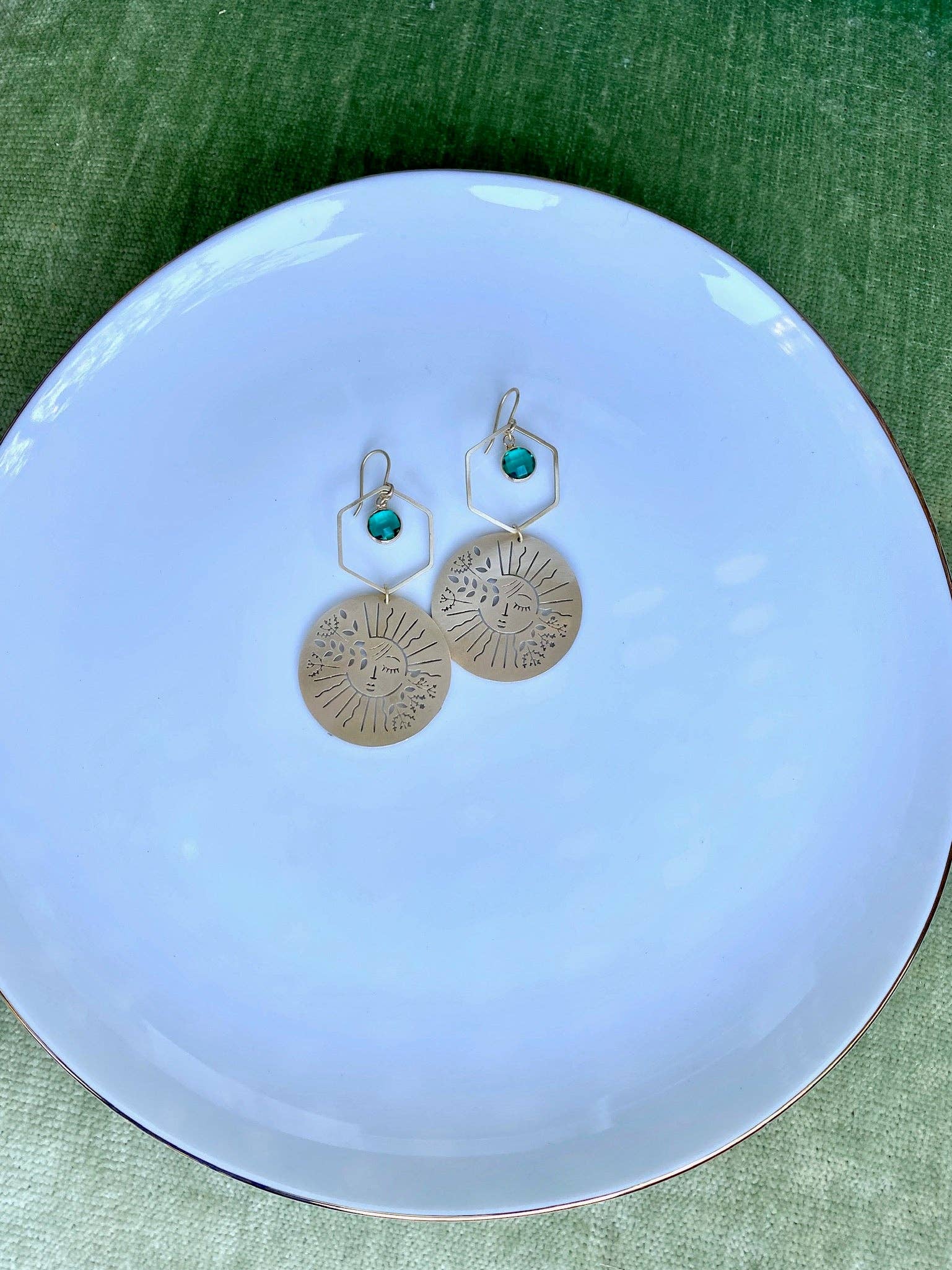 Moxie Collective (formerly Atonement Design) - Wholesale Dangle Earrings - Brass Garden Sun Earrings in Sea Green6