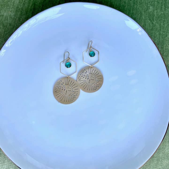 Moxie Collective (formerly Atonement Design) - Wholesale Dangle Earrings - Brass Garden Sun Earrings in Sea Green6