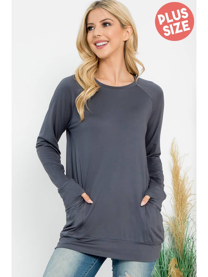 You & Me - Wholesale Tunic - Women's - YMT20003XV-PLUS SIZE SOLID LONG SLEEVE FRONT POCKET TOP35