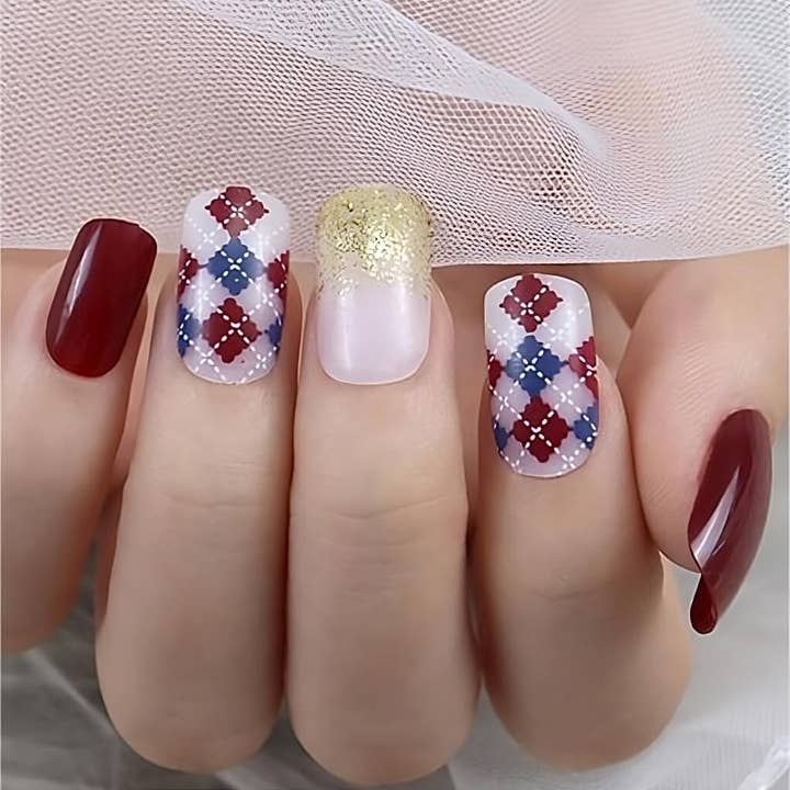 Glasur Rød Tryk på negle Medium firkantet fransk spids med glitter design for engroshandel hos vibeficant