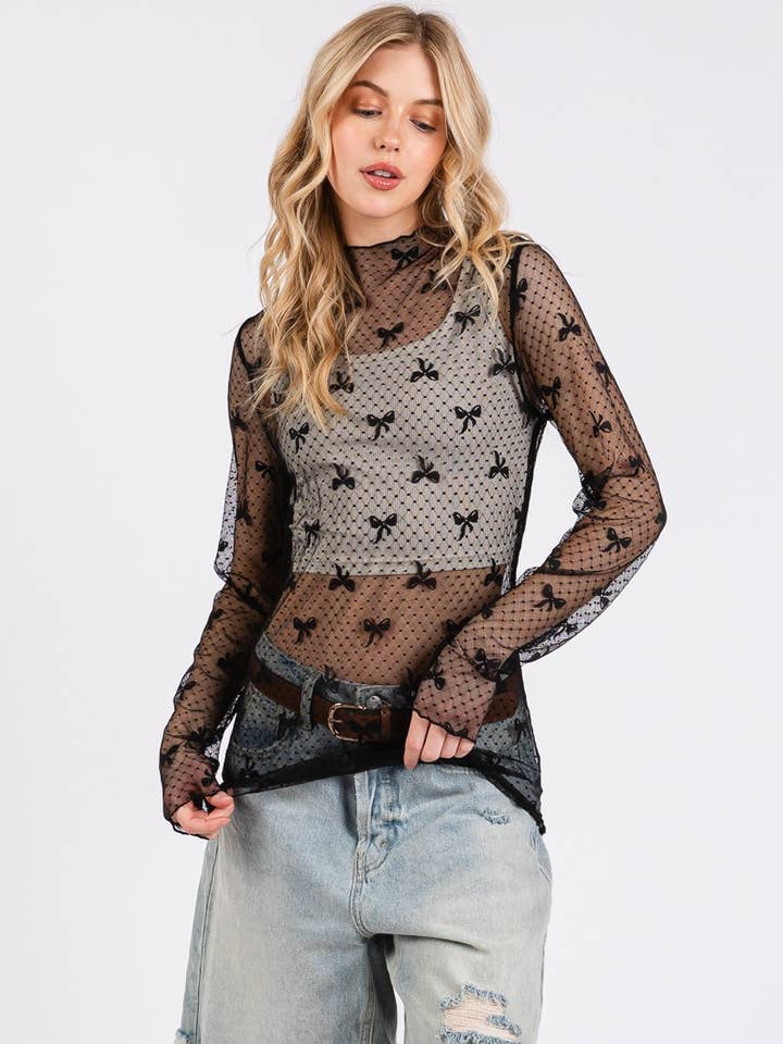 Sewn and Seen - Wholesale Blouse - Women's - BOW PRINT LONG SLEEVE LACE TOP 0