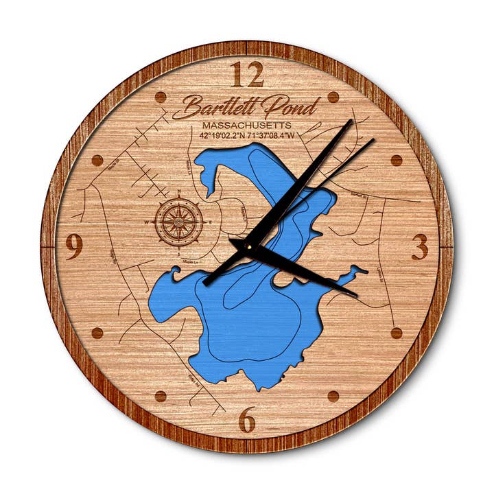 Bartlett Pond Northboro Map Clock - Any Water Body Decor for wholesale by Premier Gifts and More