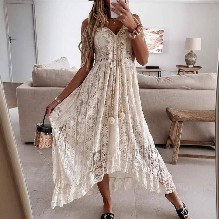 Fashion Combination - Wholesale Blouse - Women's - spring lace sling large swing solid color dress1