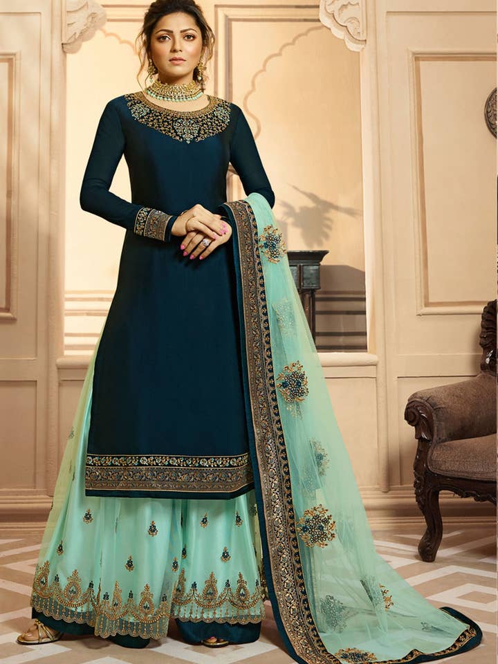 Teal Satijnen Georgette Kameez Met Plazo Voor Bruiloft & Festival - Borduurwerk 1450 voor wholesale door HATKE BRIDE