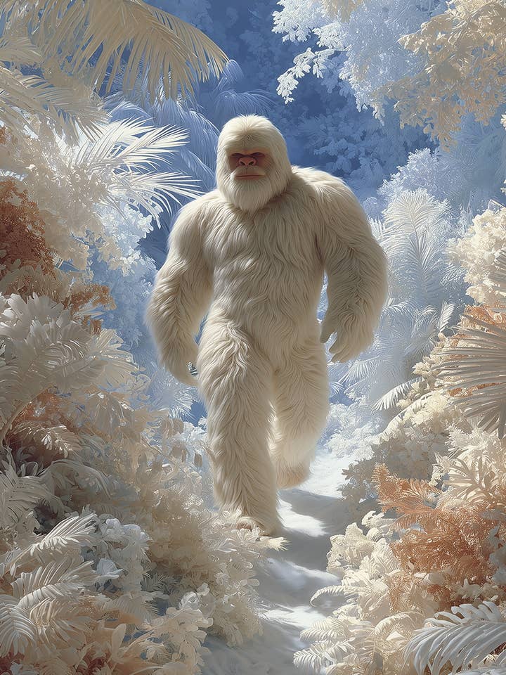 Yeti - Ett porträtt i vitt konsttryck - Bigfoot & Sasquatch 20x25 cm konstverk för 28x36 cm ram för wholesale av Mowbi