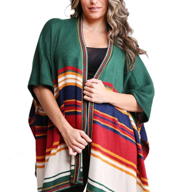 Hana - Wholesale Wrap - Women's - Colorful Striped Warm Knit Ruana Shawl Wrap