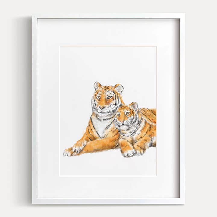 Baby Tiger and Mom Watercolor Art | Safari Animal Nursery for wholesale by Triple Studio