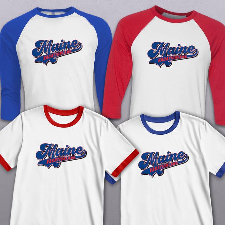 Maine Athletic Script Blue/Red Ringer Baseball Jersey Adult for wholesale by RetroPlanet