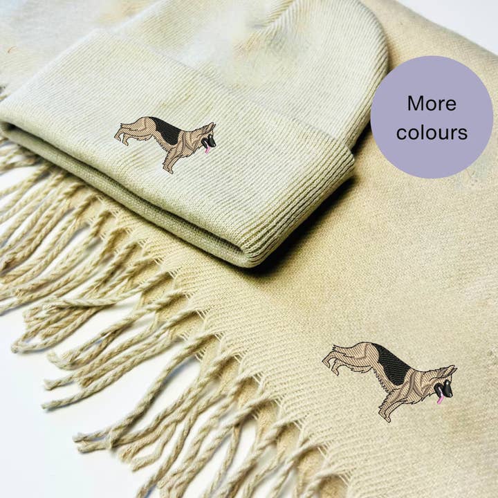 German Shepherd Embroidered beanie hat and scarf for wholesale by Thread and Needles Co