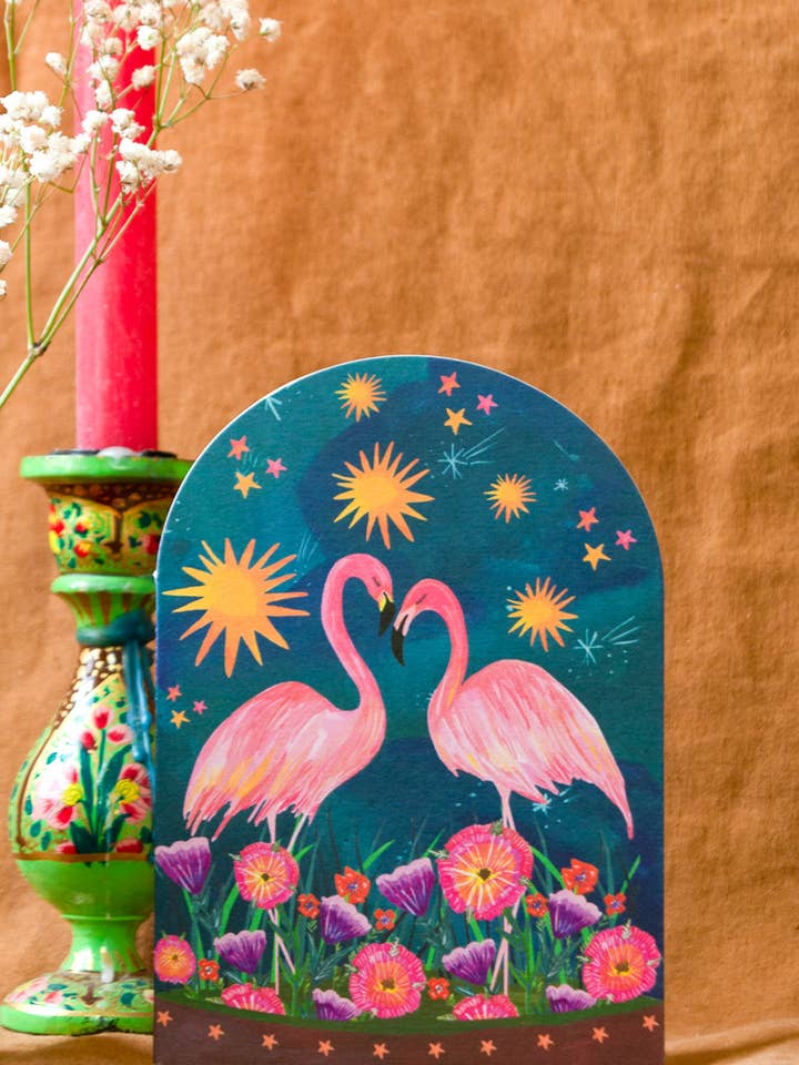 'Sunset Flamingo Bell Jar' Greetings Card for wholesale by Hutch Cassidy (Greetings Cards and Paper Goods)