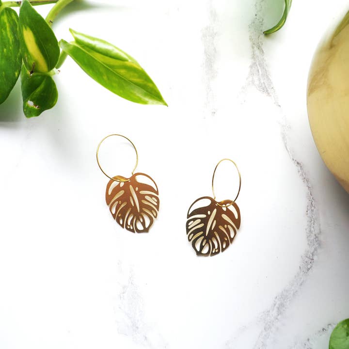 Monstera Hoop Earrings - Gold & Silver for wholesale by MicaPeet