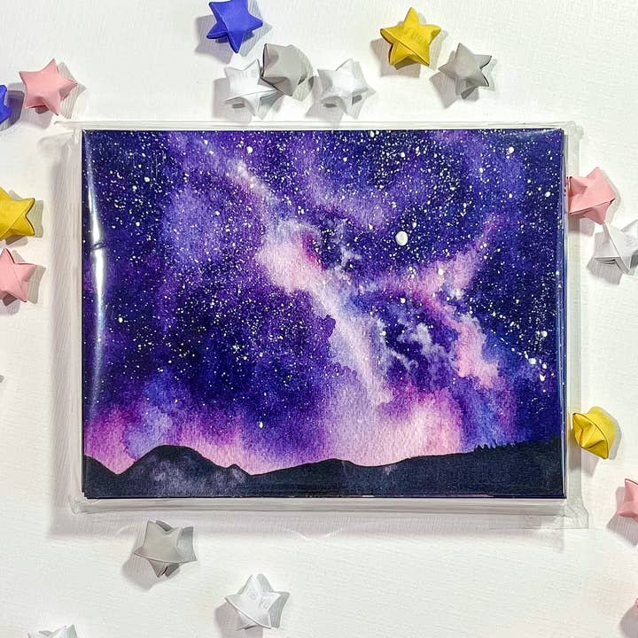 Purple Galaxy Mountain Enkelt tomt gratulationskort för wholesale av Shelby Thayne Art