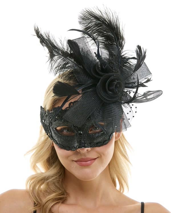 KBW Global Corp. - Wholesale Costume - Unisex - Black Lace Fascinator Mask With Feather