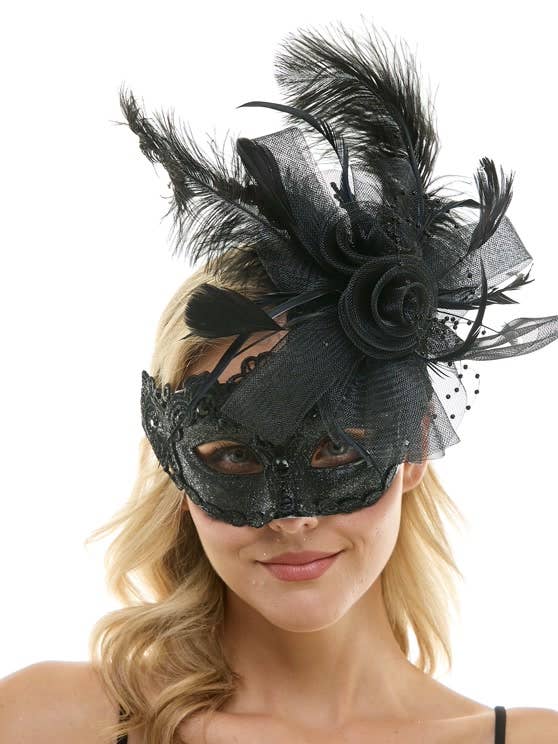 KBW Global Corp. - Wholesale Costume - Unisex - Black Lace Fascinator Mask With Feather0