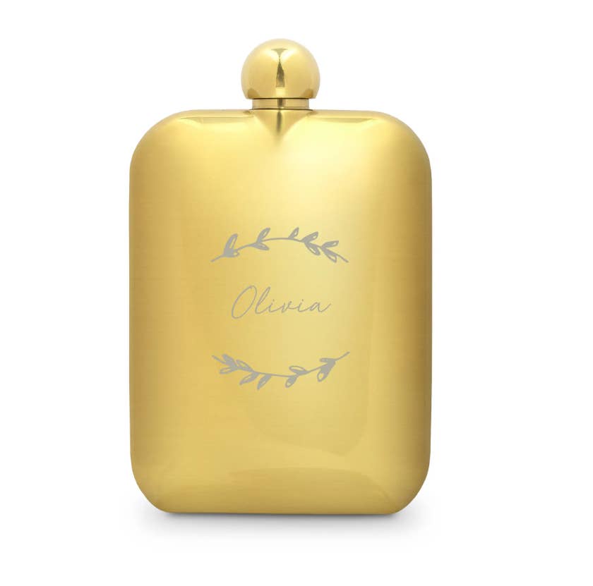 Weddingstar Inc. - Wholesale Flask - Gold Metal Round Edged Hip Flask - Rustic Garland