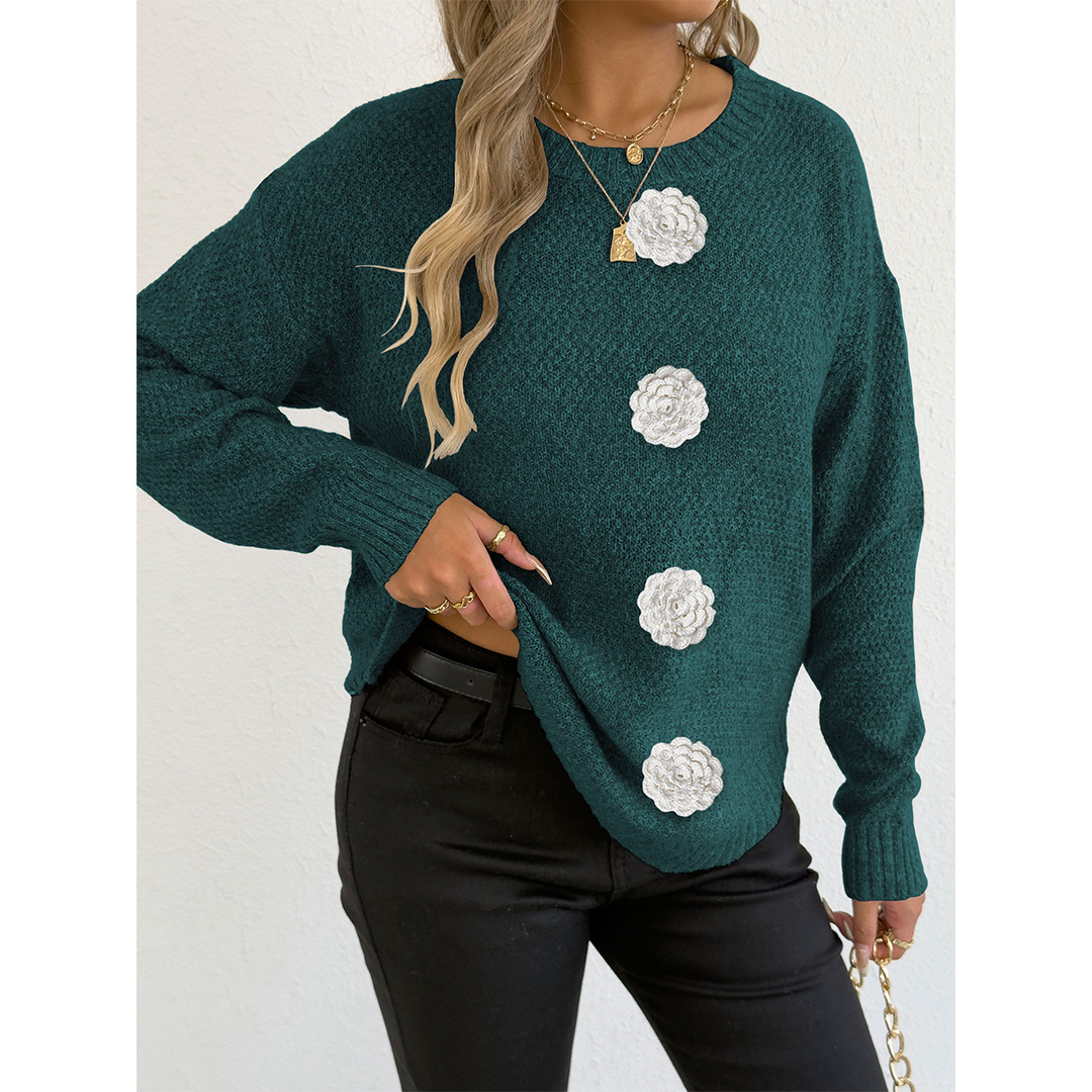 UNISHE - Wholesale Knit Sweater - Women's - Casual Button Crochet Floral Decor Pullover Sweater OYM24514