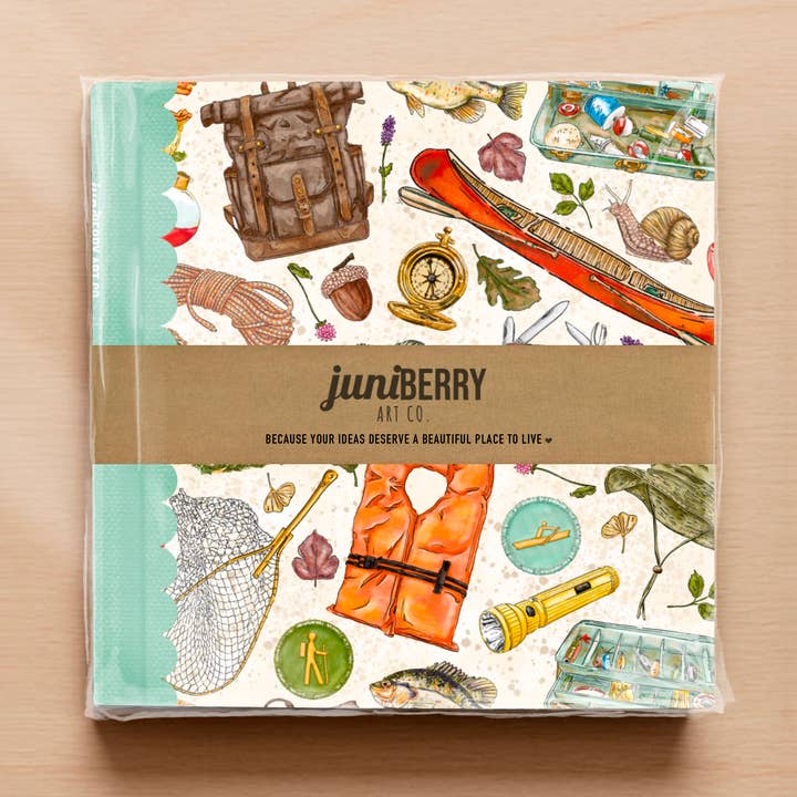 Fishing, camping, nature, tackle, canoe - notebook journal for wholesale by Juniberry Art Co