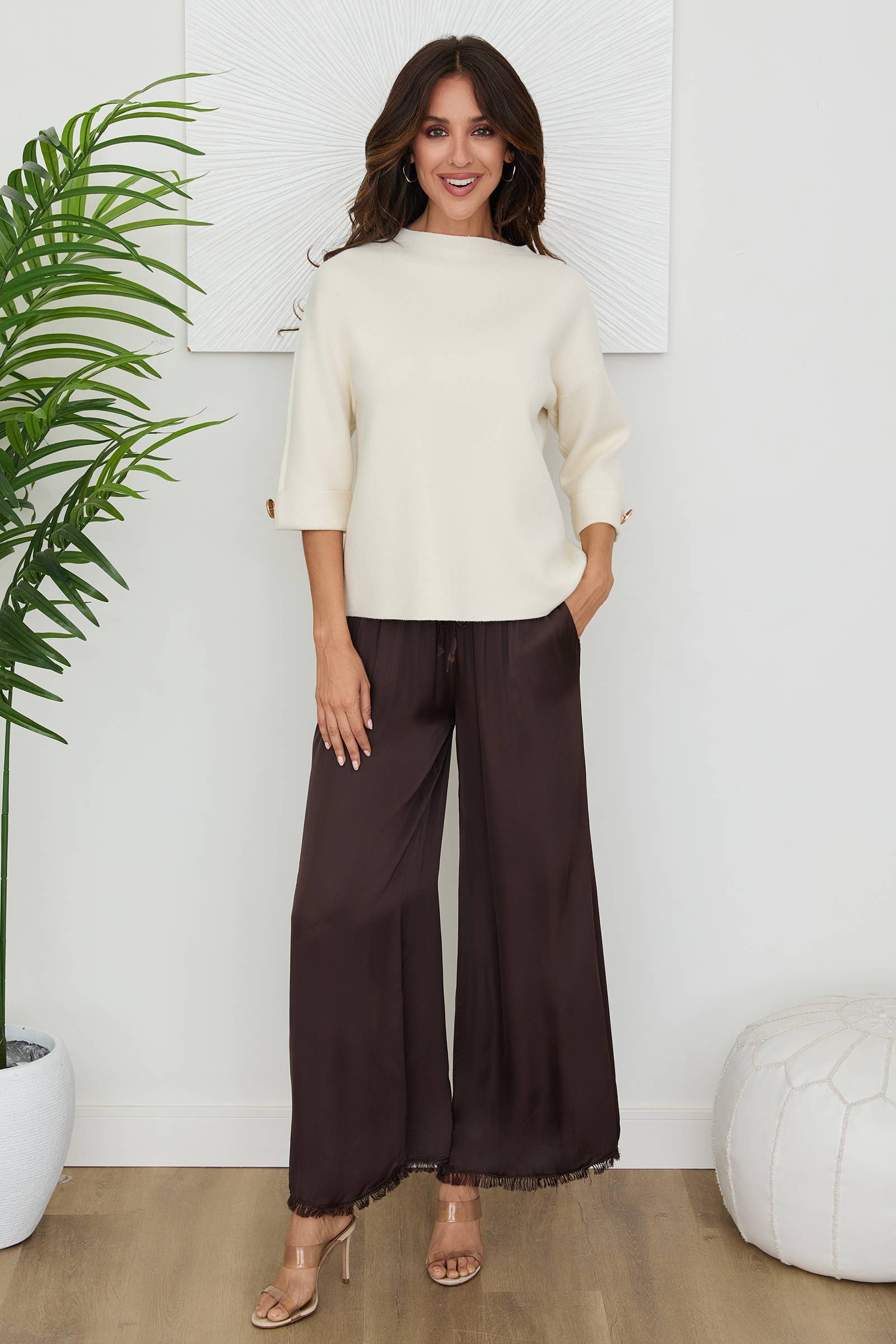 VENTI6 - Vendita all'ingrosso Pantalone - Donna - PANTALONI A GAMBA LARGA CON ORLO A FRANGE IN SETA ITALIANA (6109)6