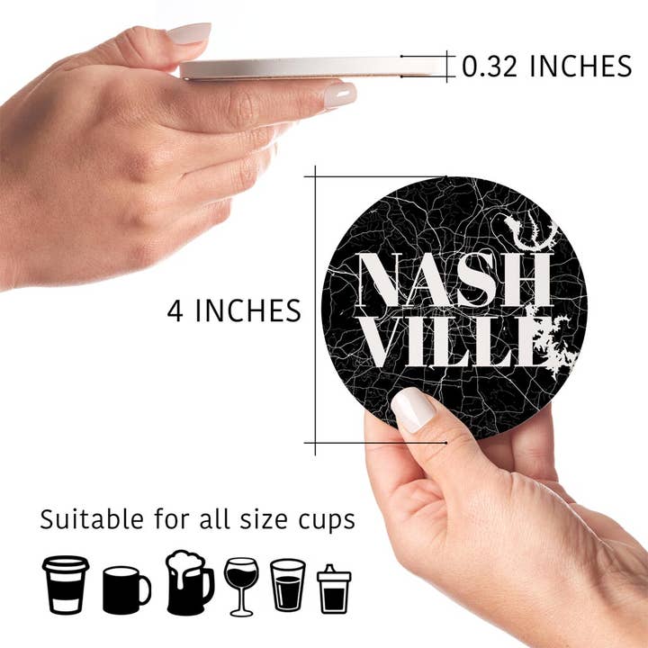 Love Local - Wholesale Coasters - Minimalist B&W Tennessee Nashville M|Rnd Coasters Set 4