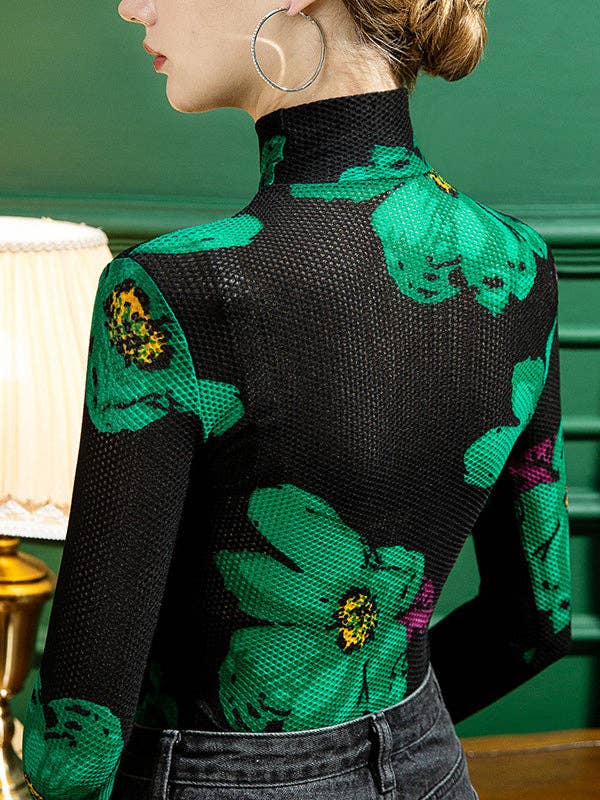 BLACK Urban Skinny Lace Printed Half Turtleneck T-Shirts Tops for wholesale on Faire4