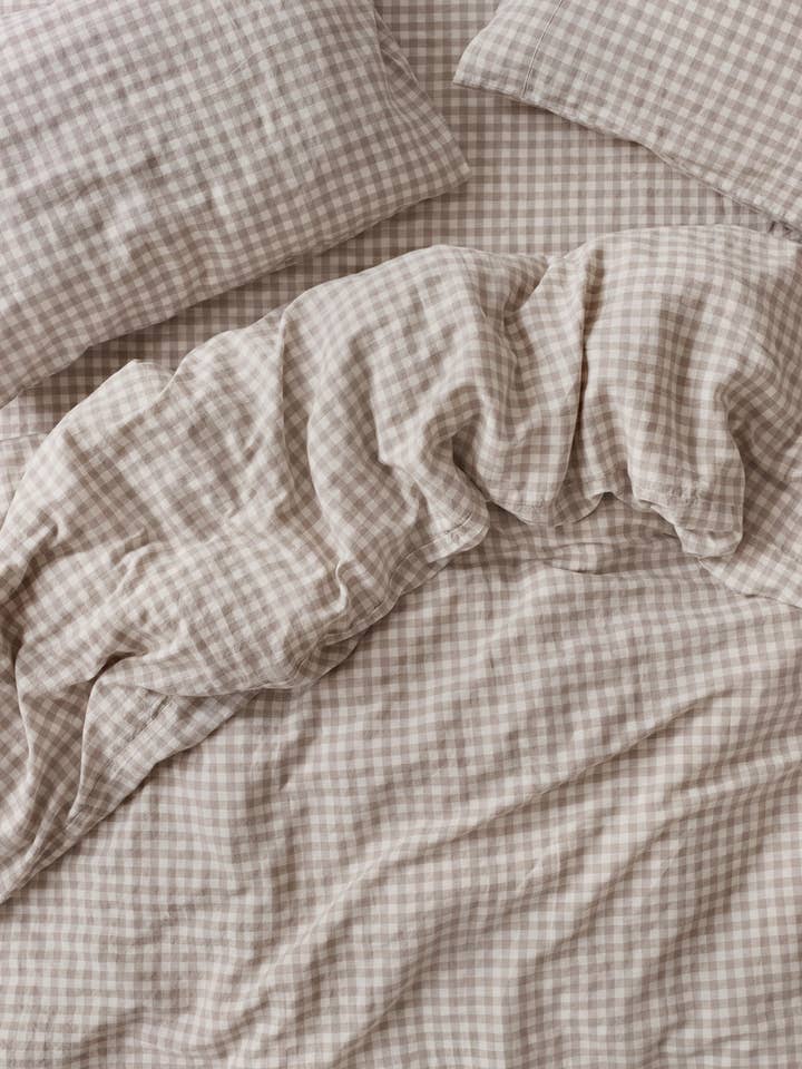 Mushroom Gingham 100% Linen Duvet Cover for wholesale by Piglet in Bed USA