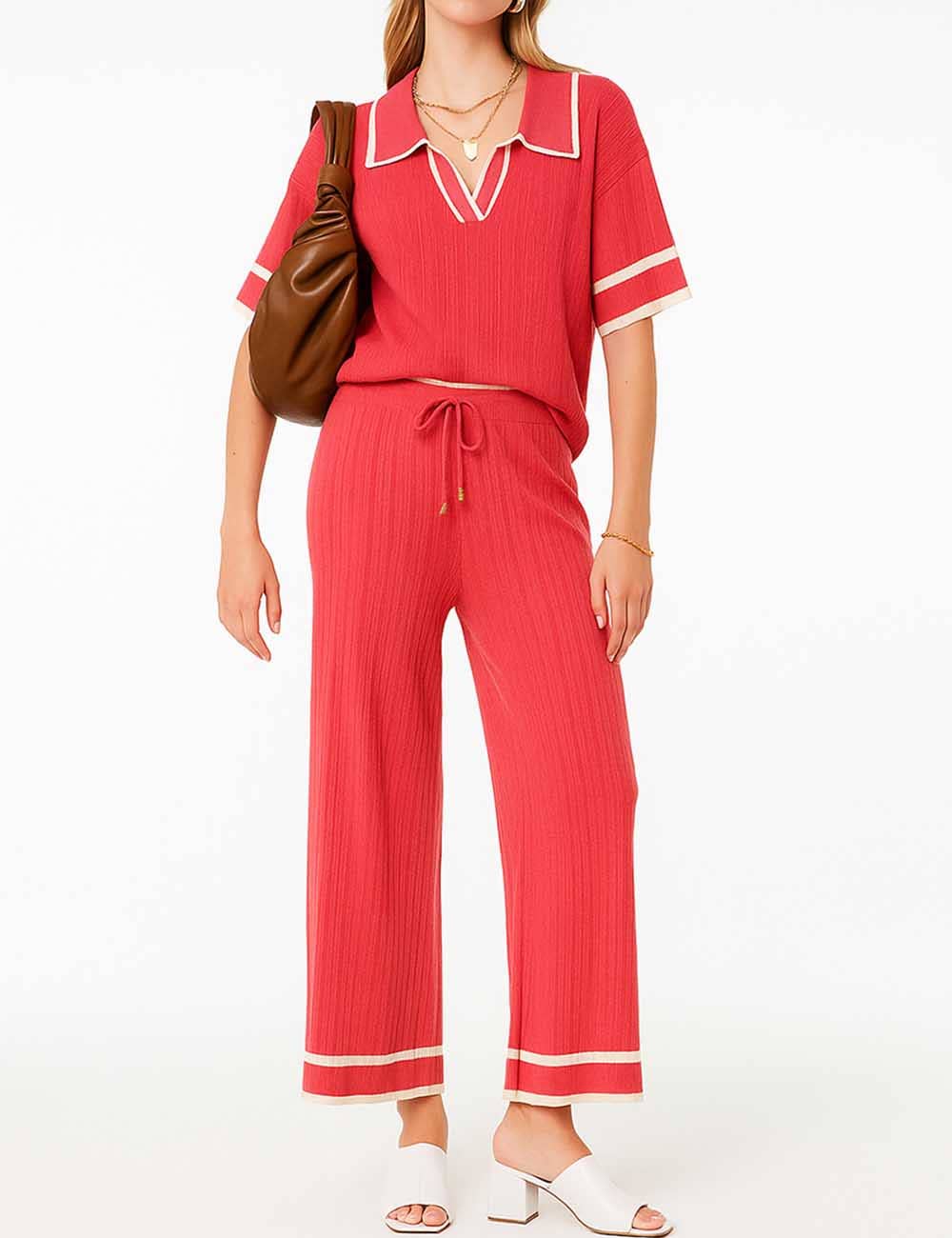 Sweetkama - Wholesale Lounge Set - Women's - Ladies Color Block Polo Collar Knit Top & Pants 2PCS Set19