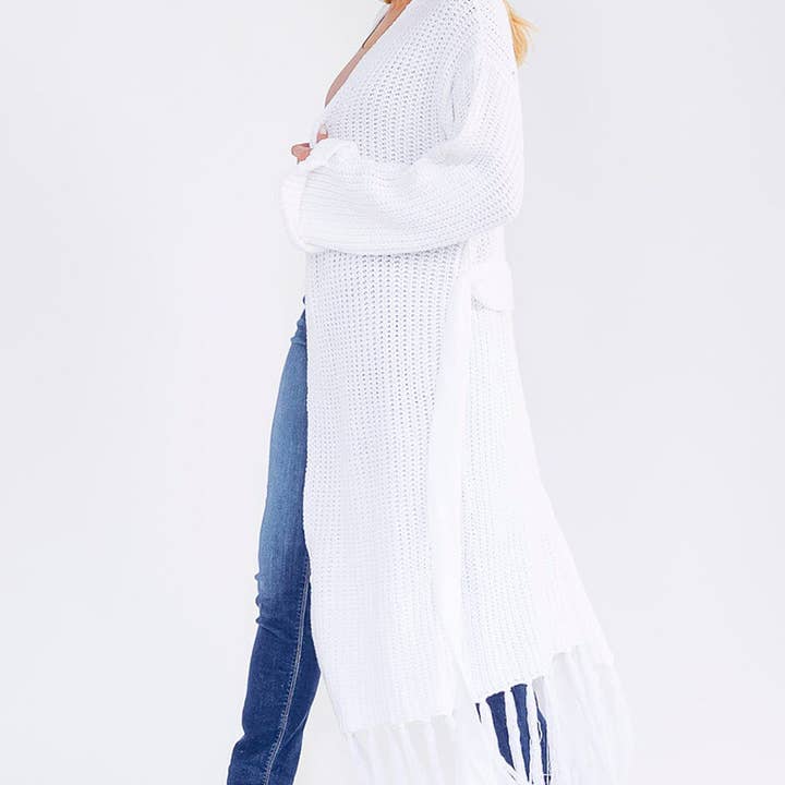 22900- Cardigã longo de malha sólida com franjas na bainha por atacado de IWT Brands