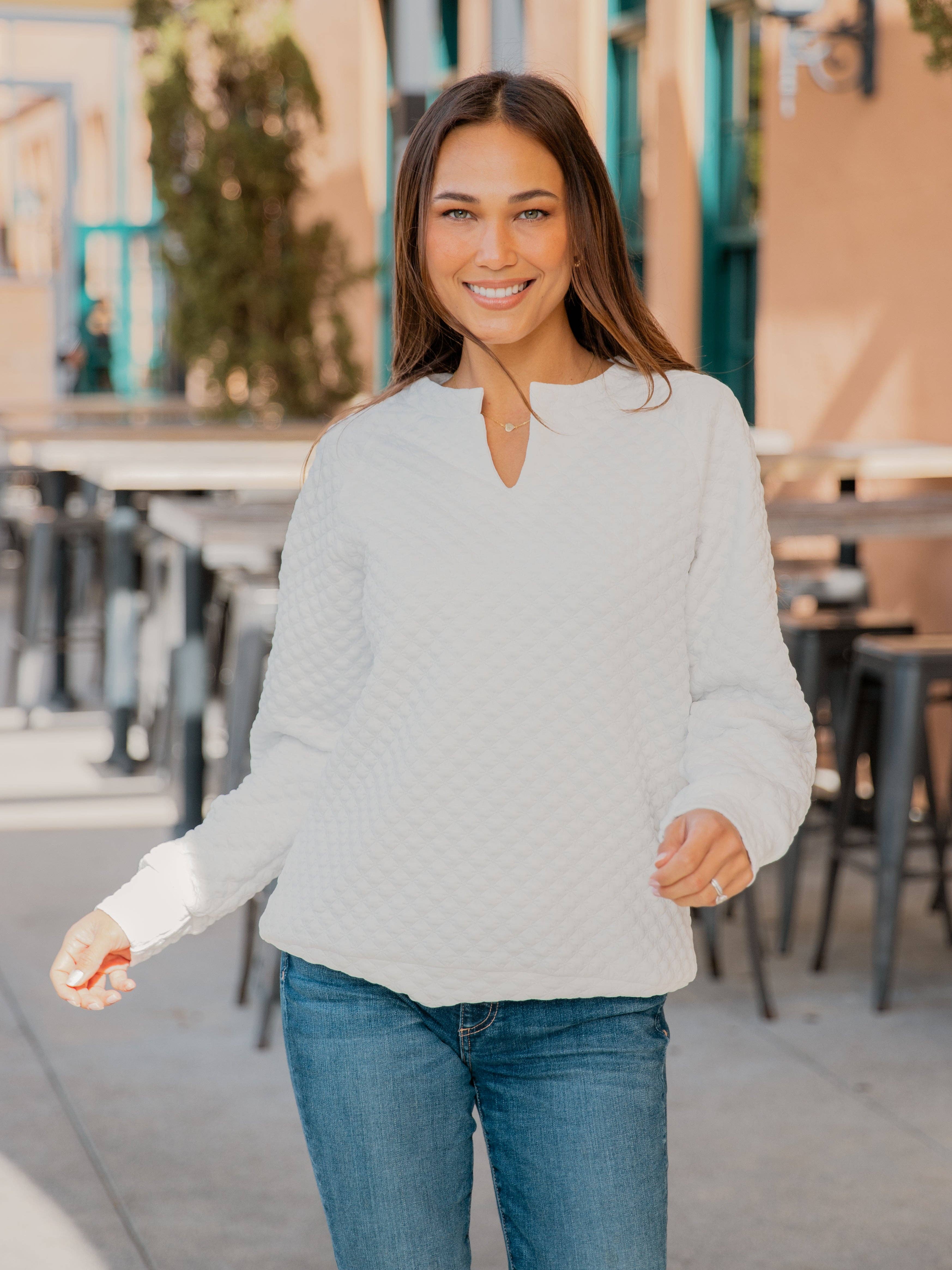 Tickled Teal - Wholesale Sweatshirt - Dames - Gewatteerde trui met gespleten halspatroon0