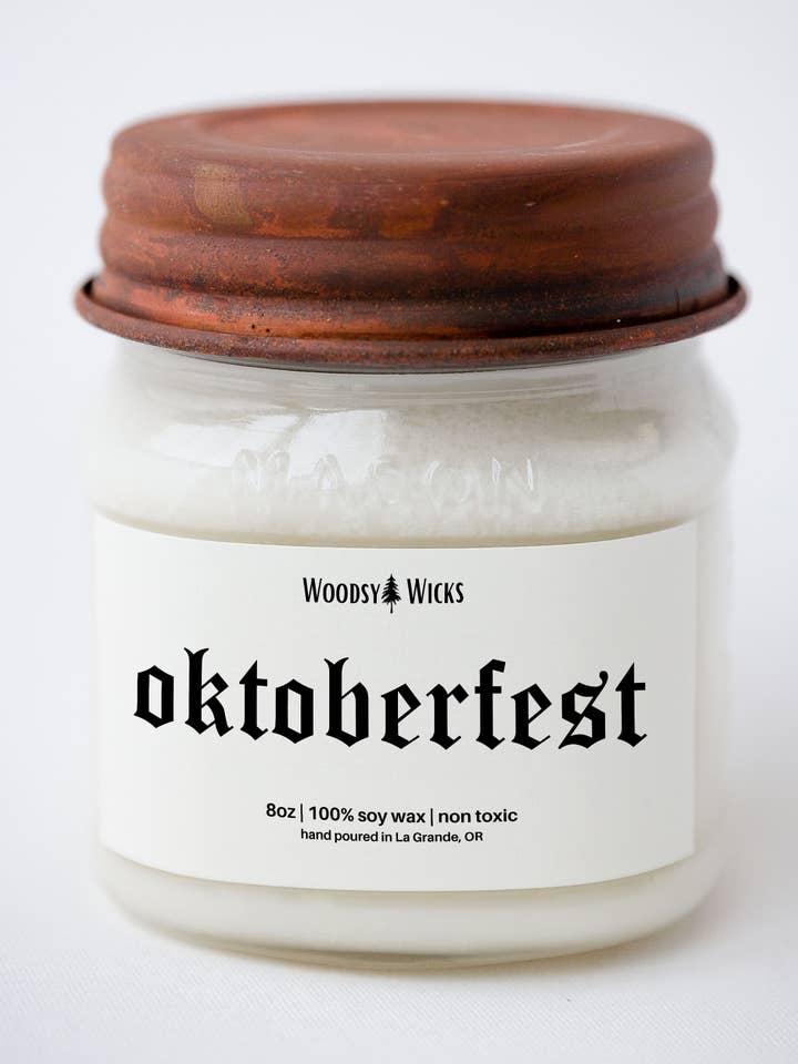 Oktoberfest candle - Crackling Wood Wick - Non-Toxic Soy Wax for wholesale by Woodsy Wicks