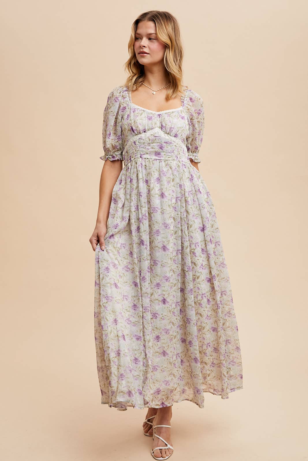 LAVENDER FLORAL SMOCKED SWEETHEART DRESS for wholesale on Faire3