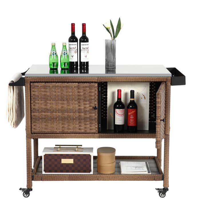 39F Inc. - Wholesale Bar Cart - Brown Outdoor Wicker Bar Cart with Glass Top & Wheels4