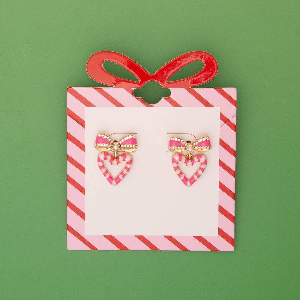 SP Sophia Collection - Wholesale Stud/Post Earrings - Christmas Striped Candy Enamel Bowed Heart Post Earrings1