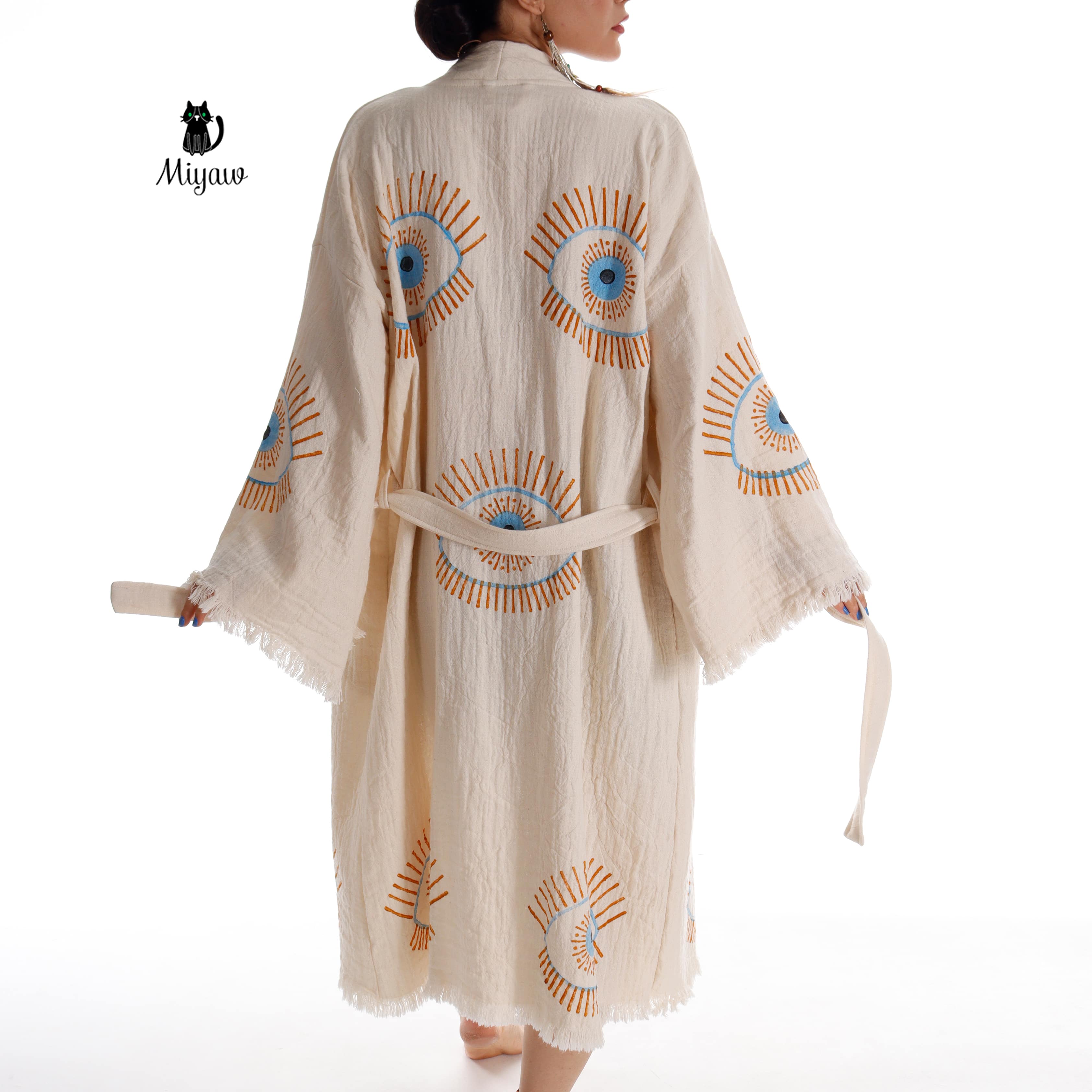 Beige Evil Eye Inspired Blue Caftan - Wholesale Boho Chic Essential for wholesale on Faire5