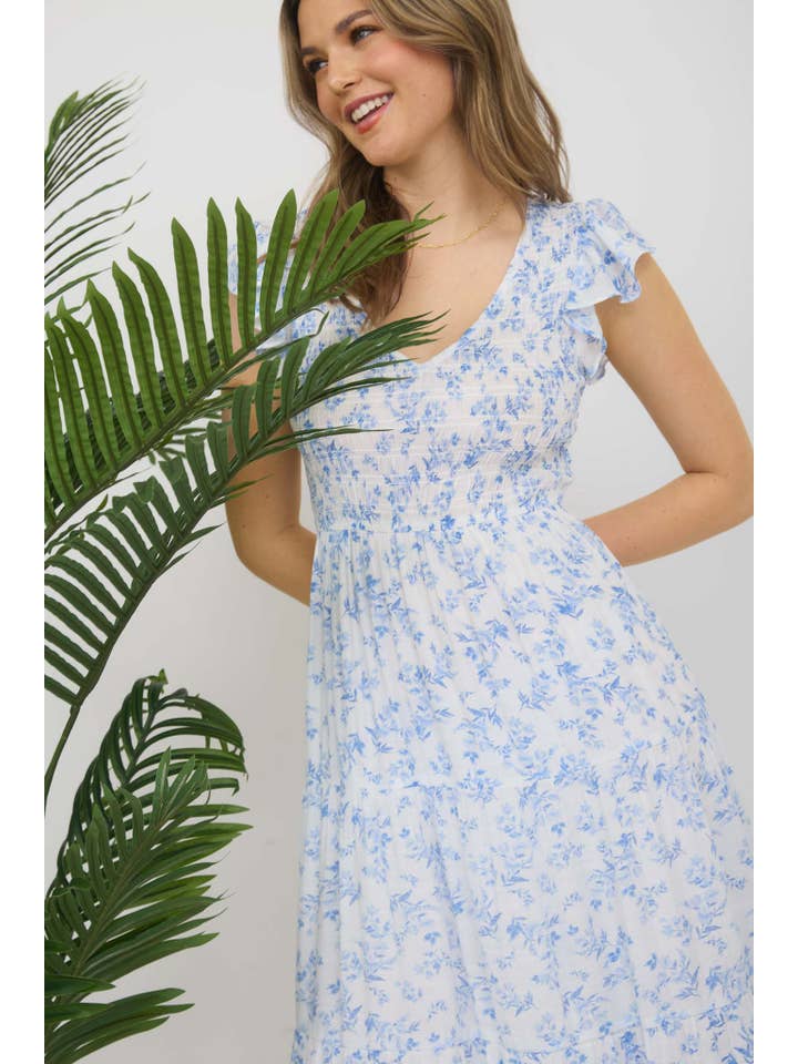 Blu Pepper - Wholesale Dress - Women's - FLORAL V NECK SMOCKED SHORT SLEEVE MIDI DRESS