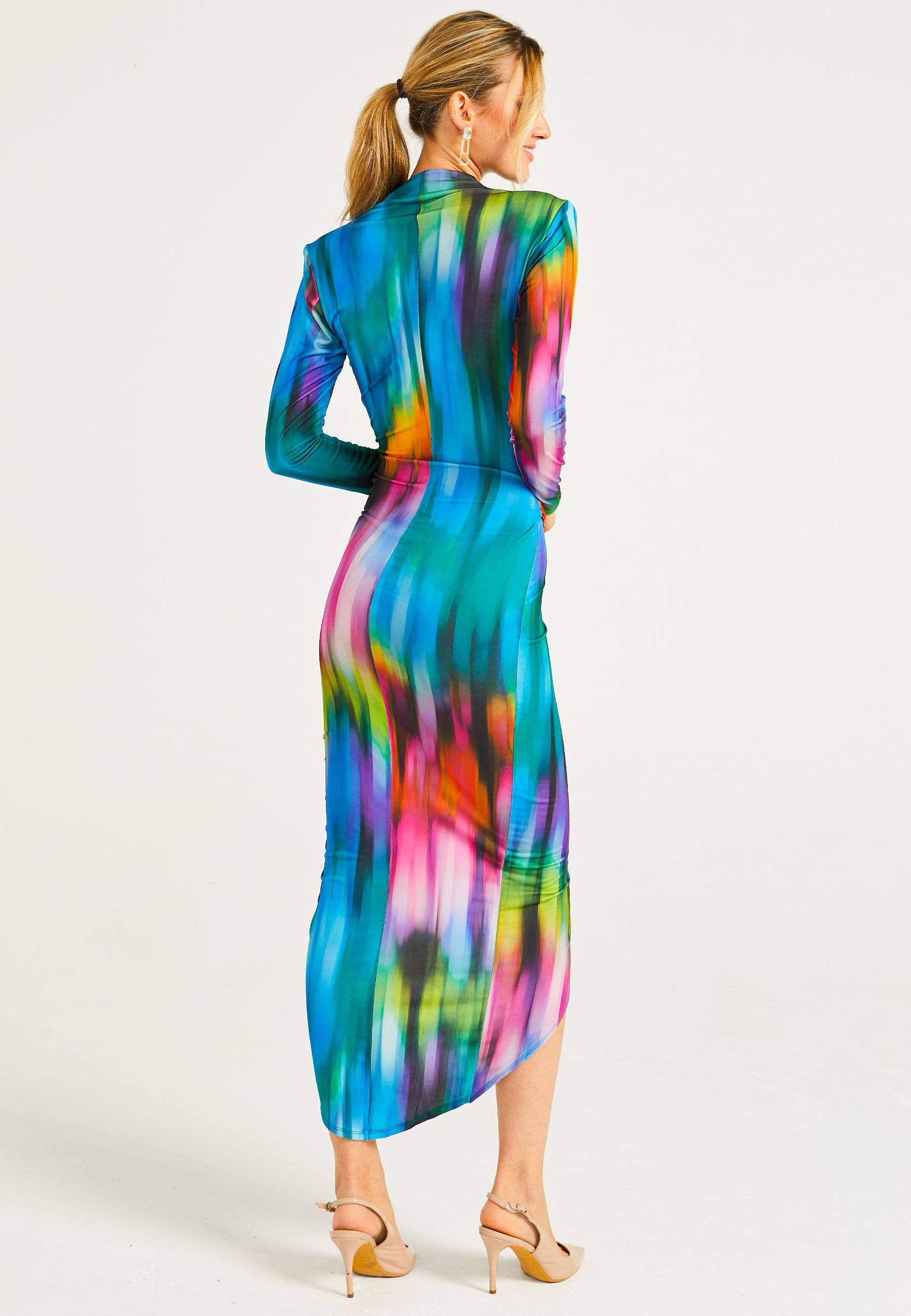 ANGELEYE – wholesale Dress – Women's – Plunge Neck Faux Wrap Print Midi Dress in Tie Dye2