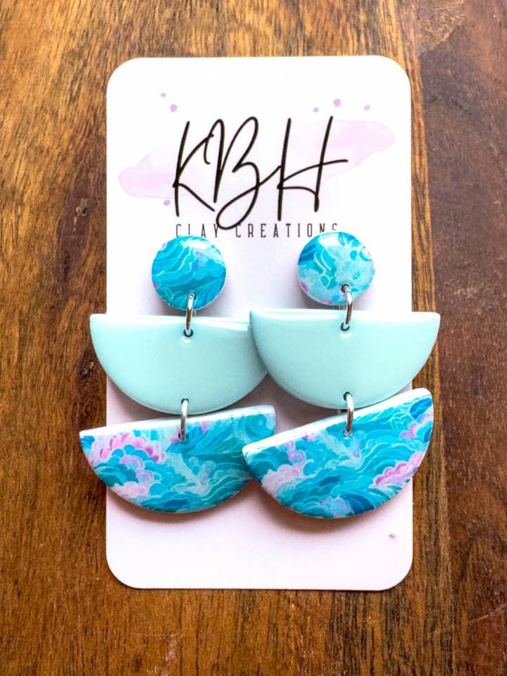 Blue Preppy Wave Half Moon Dangle Handmade Clay Earrings for wholesale by KBH CREATIONS