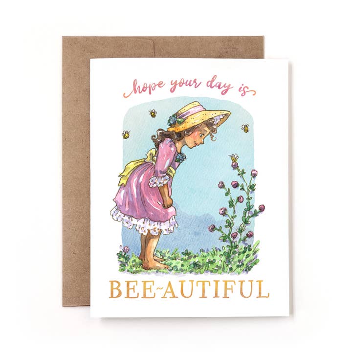 Bee-autiful Day Cute Watercolor Floral Bonnet Honeybee Card for wholesale by Nettles & Lace Paper Co.