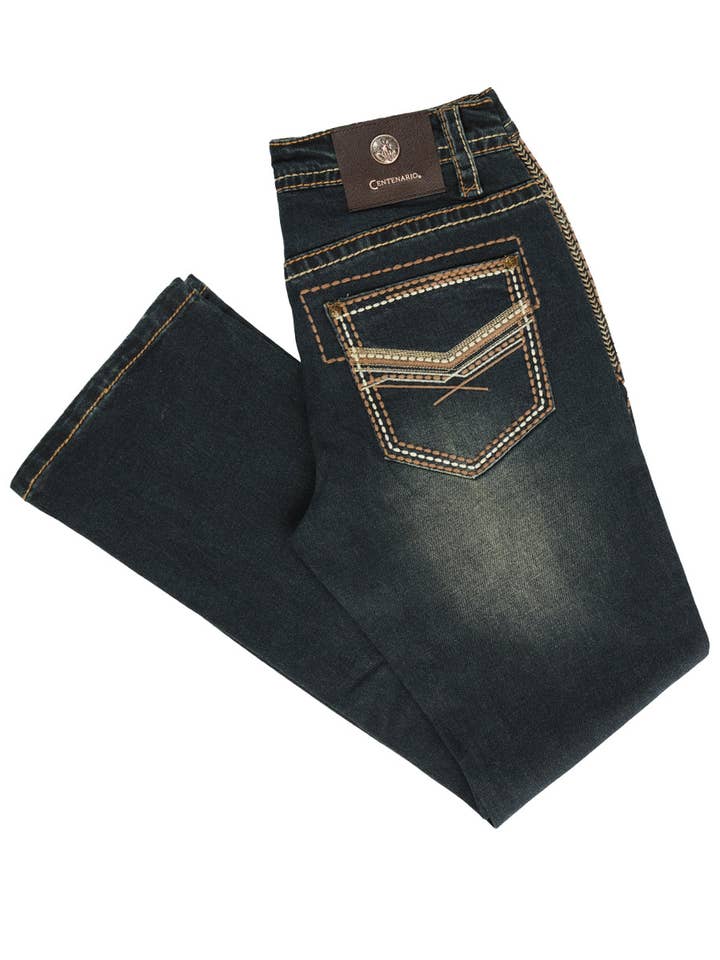 Calça jeans masculina tingida verde com detalhes bordados Centenario 45315 por atacado de El General Western Wear