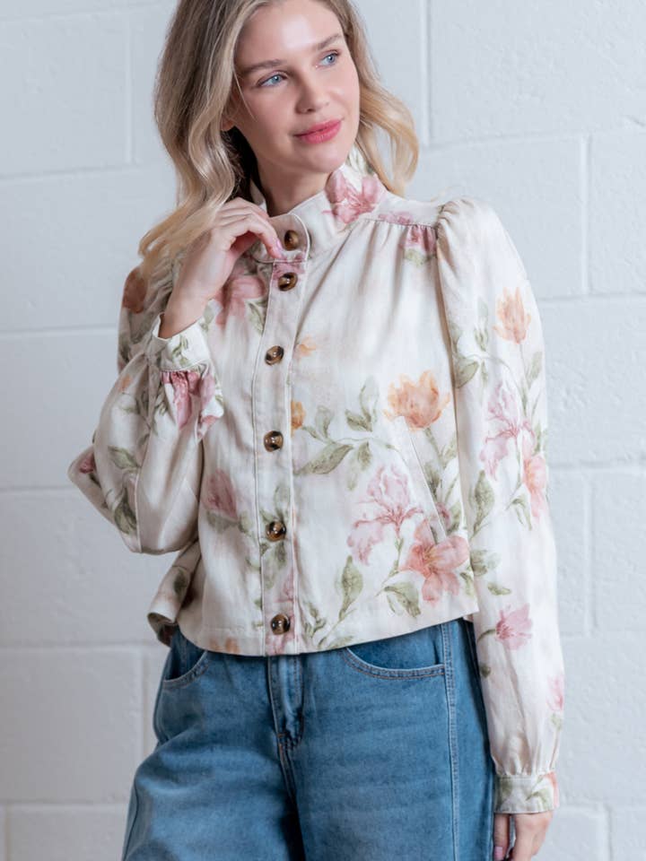 HJ75293T-GIACCA LUNGA CON MANICHE A SBUFFO STAMPATA per la vendita all'ingrosso da parte di Taelynn