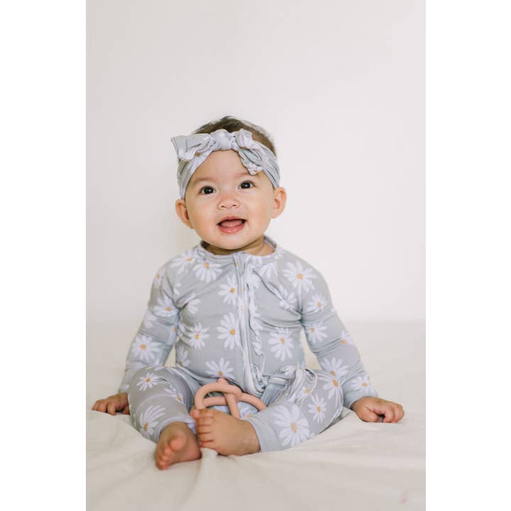 Sage Daisies Ruffle Baby Romper for wholesale by Tiny toes Baby Co