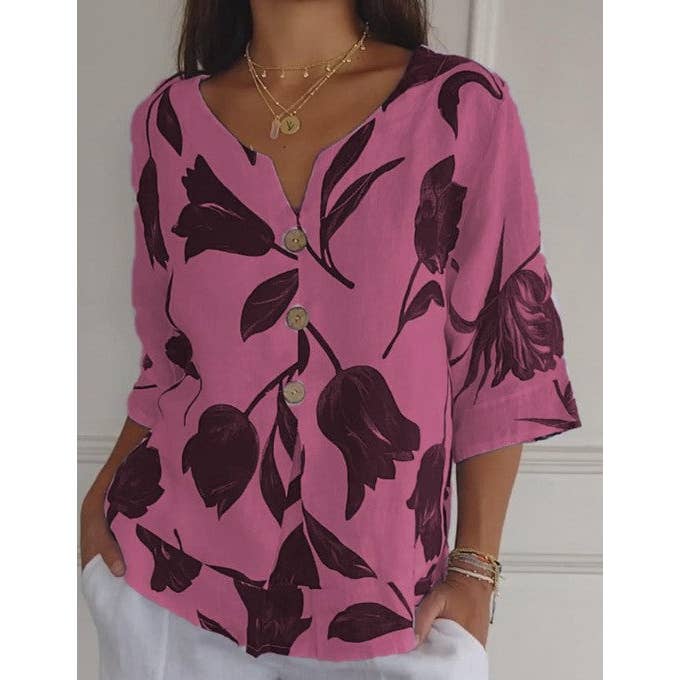 pinkblu02 – Engroshandel Bluse - Dame – Casual blomsterprintet bomuldslinned damebluse5