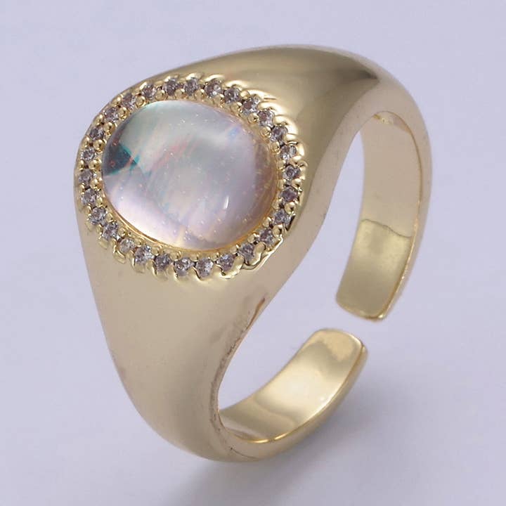 Dainty Cat's Eye Pearl Stone Micro Pave Gold Signet Ring for wholesale by Aim Eternal