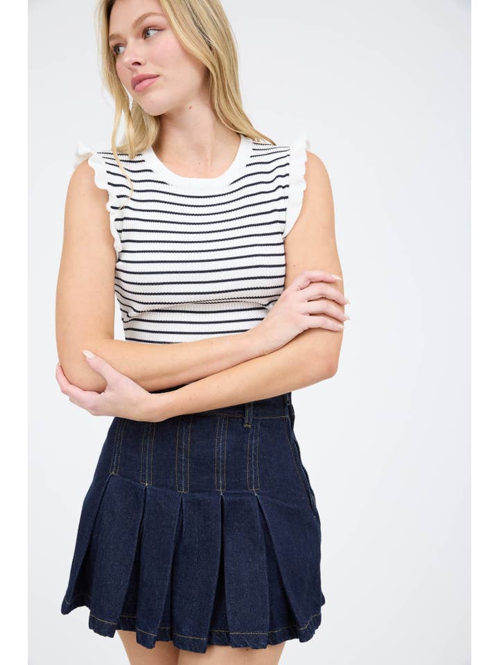 The Workshop Studio - Wholesale Knit Sweater - Women's - STRIPE RUFFLE TRIM SLEEVELESS PULLOVER SWEATER