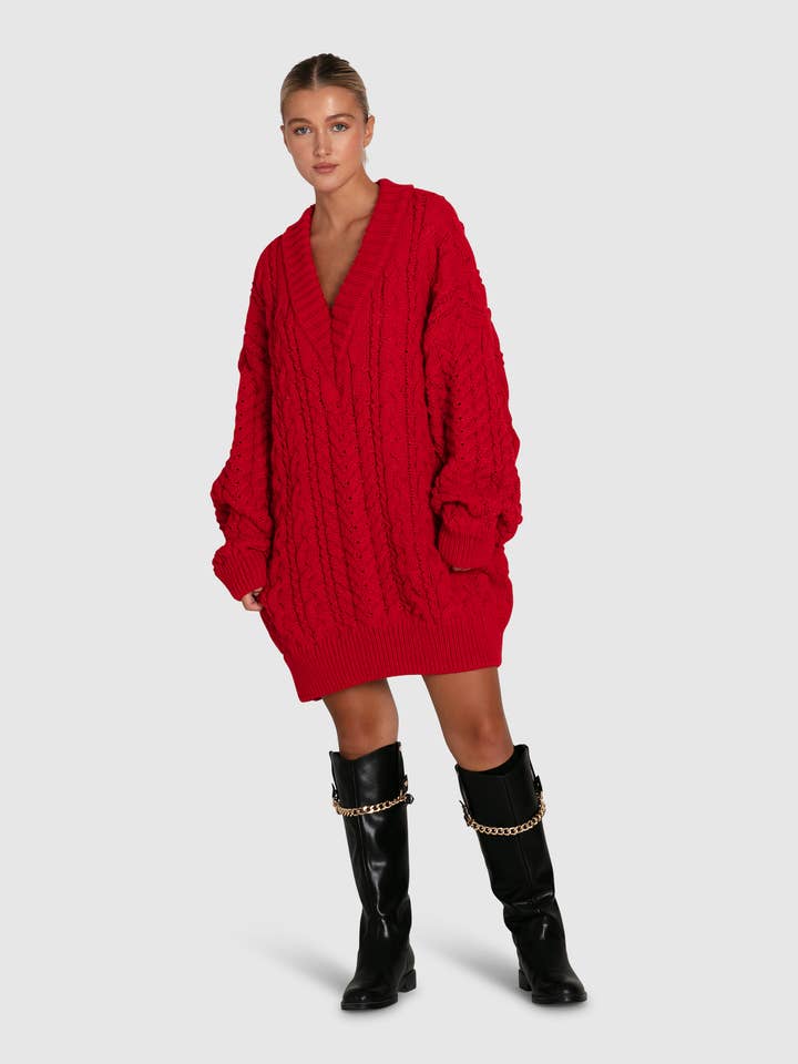 belle & bloom - Wholesale Tunic sweater – Women’s - Still The One Chunky Oversize Knit - Red