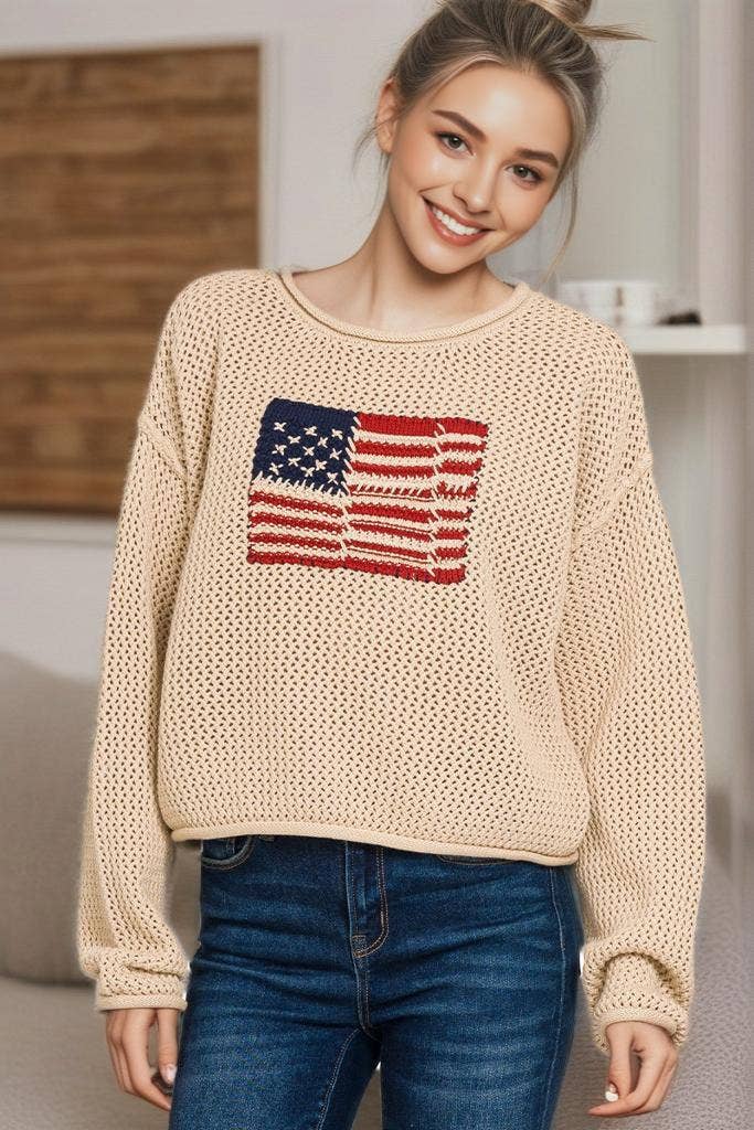 42POPS - Wholesale Knit Sweater - Women's - 1029 4th of July American Flag Crew Neck Sweater SI-280450