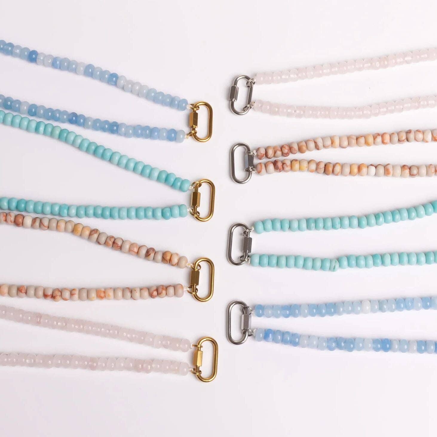 WJW - Wholesale Beaded/Pearl Necklace - Stainless Steel Pink Chunky Glass Bead Carabiner Necklace8