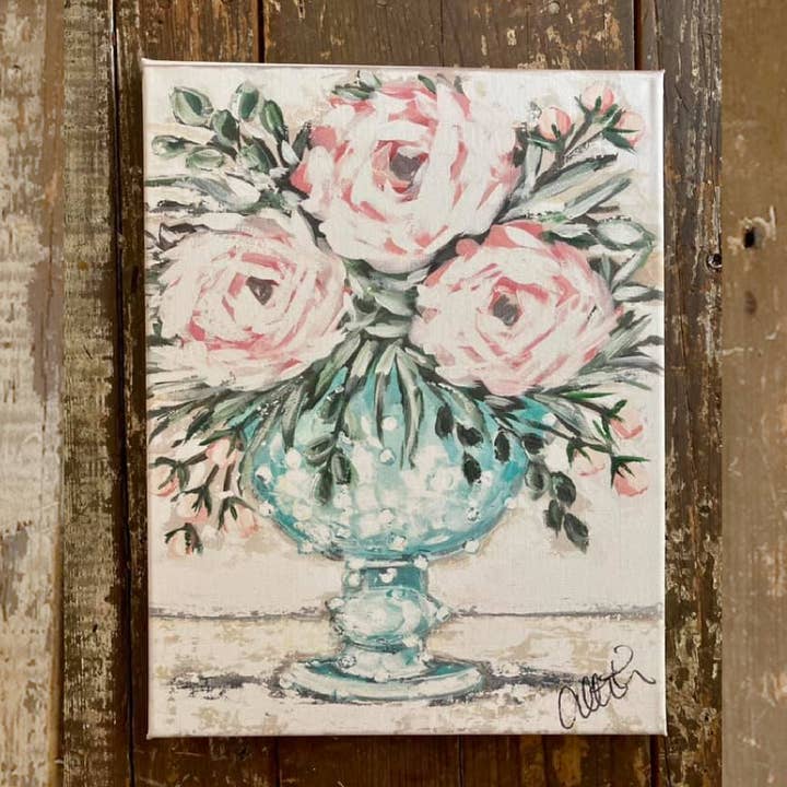 Floral wall art canvas print, vintage blue milk glass, for wholesale by Rustic Nester