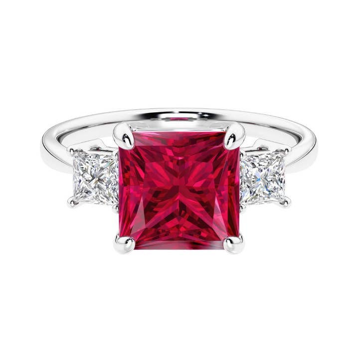 Anel de 3 Pedras em Ouro 14k com Rubi de Corte Princesa de 2,25 Ct e Diamante por atacado de DV Custom Jewelry USA